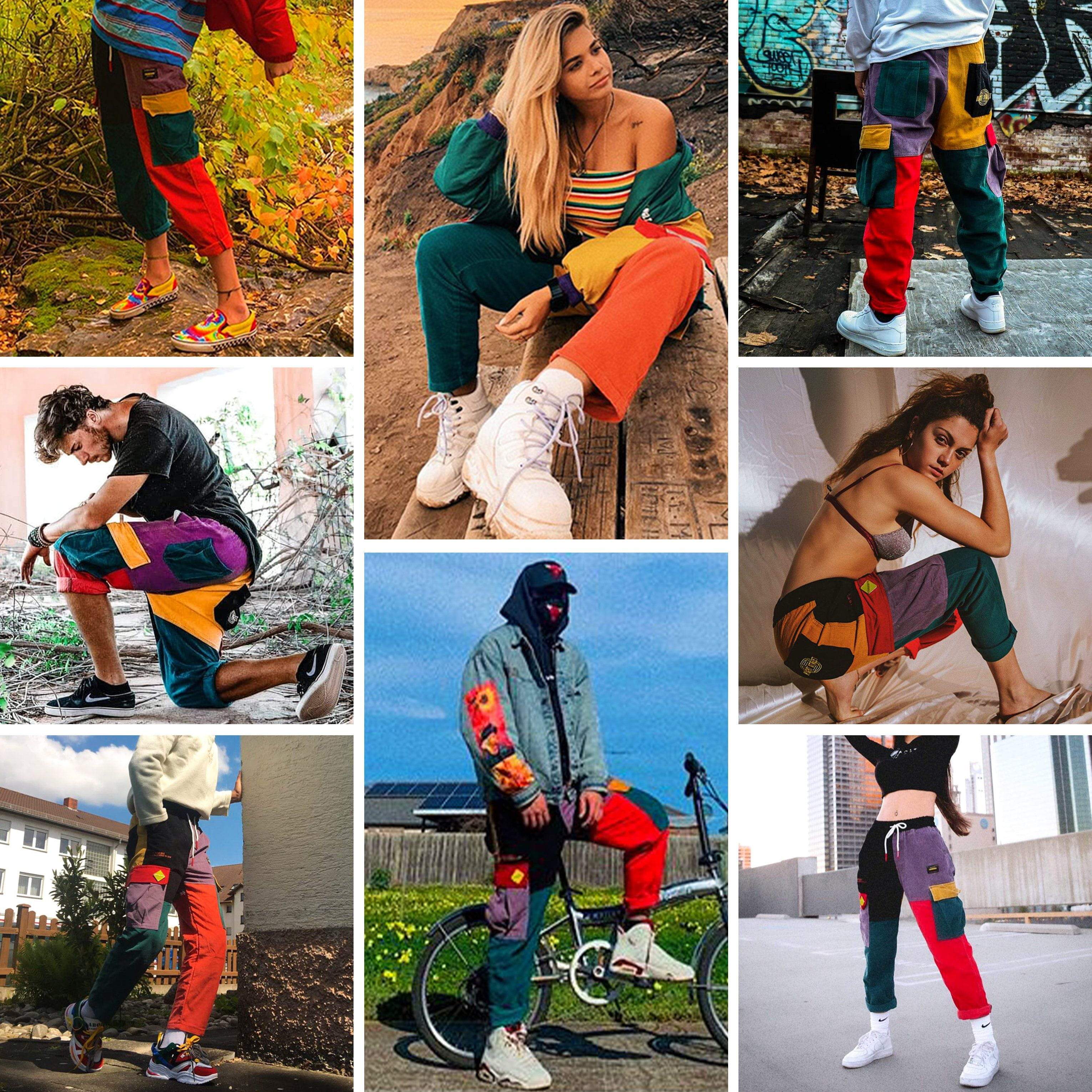 "90'lara Dönüş" Patchwork Renk Bloklu Fitilli Kadife Pantolon