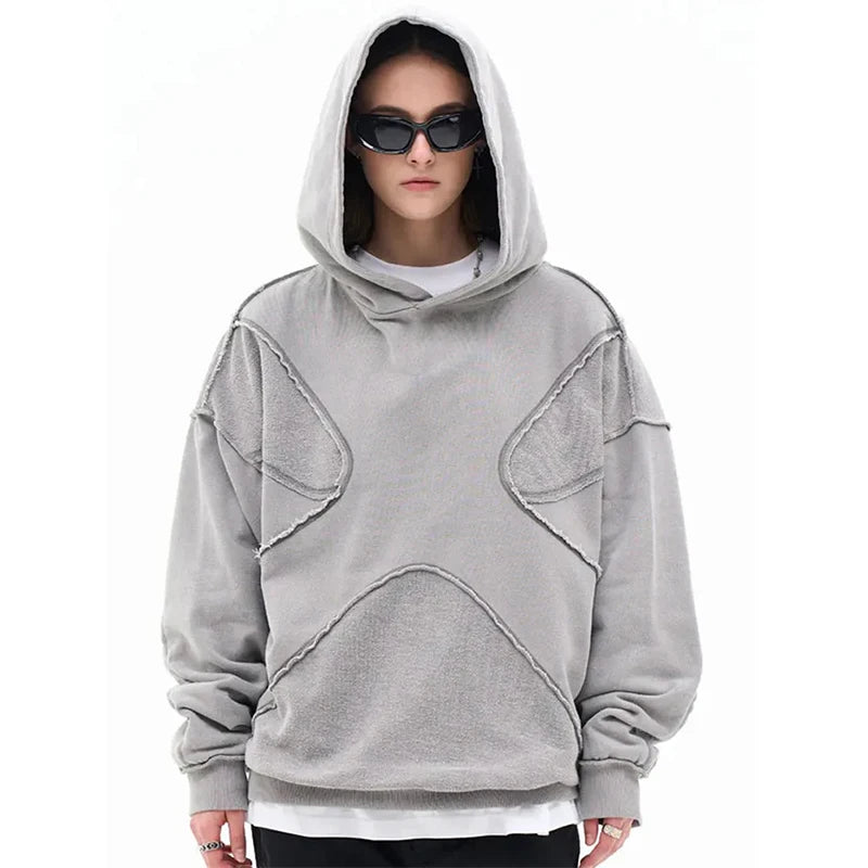 Hip-Hop Tarzı Splicing Retro Kapüşonlu Sweatshirt