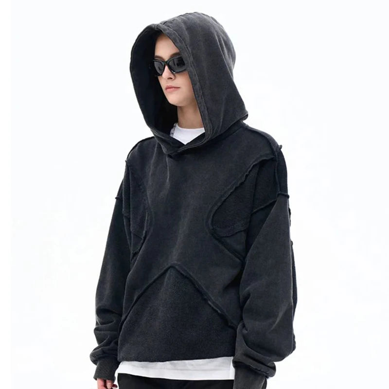 Hip-Hop Tarzı Splicing Retro Kapüşonlu Sweatshirt