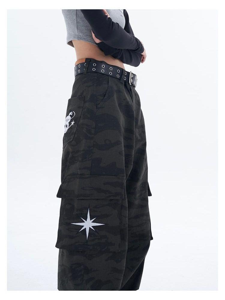 Retro Siyah Kamuflaj Kargo Pantolon