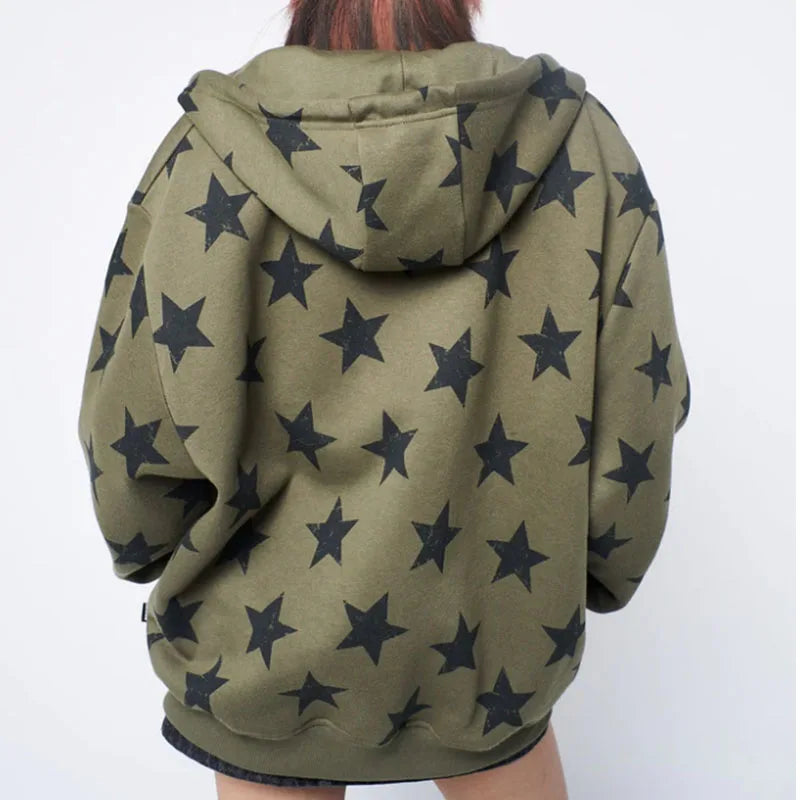 Y2K Yıldız Baskılı Oversize Kapüşonlu Sweatshirt