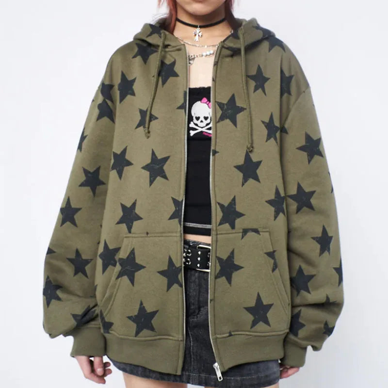 Y2K Yıldız Baskılı Oversize Kapüşonlu Sweatshirt