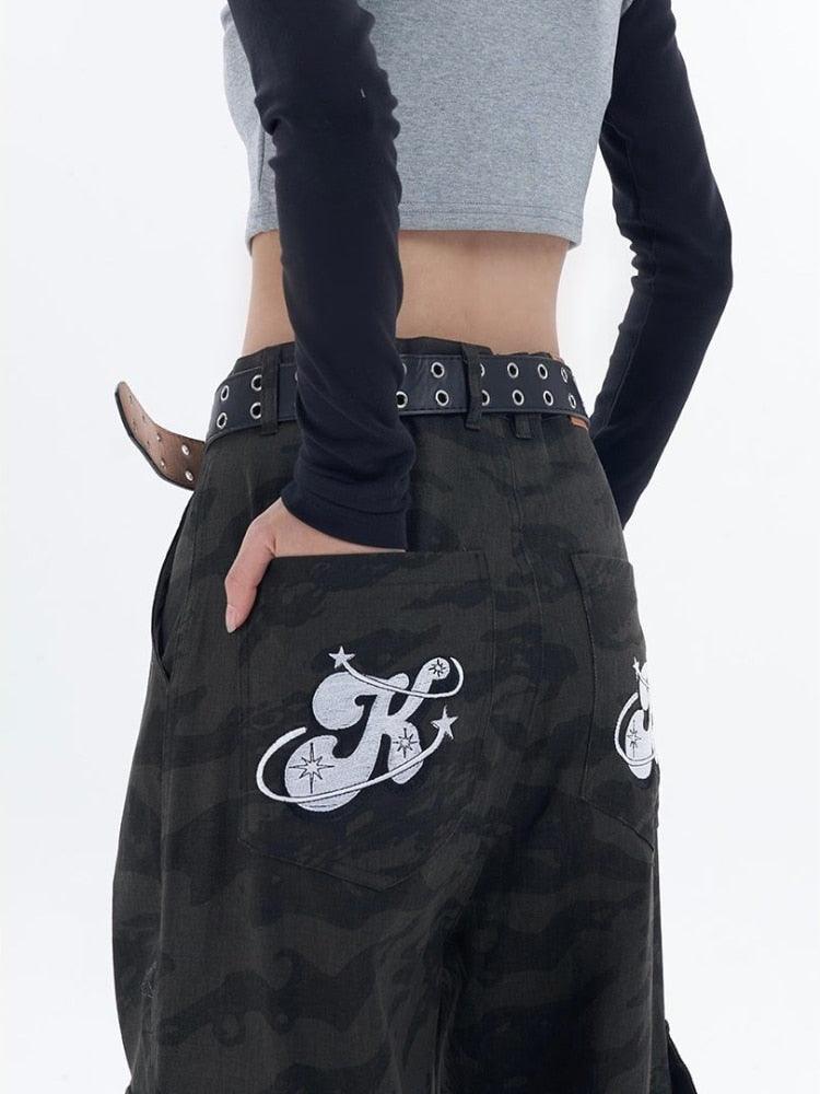 Retro Siyah Kamuflaj Kargo Pantolon