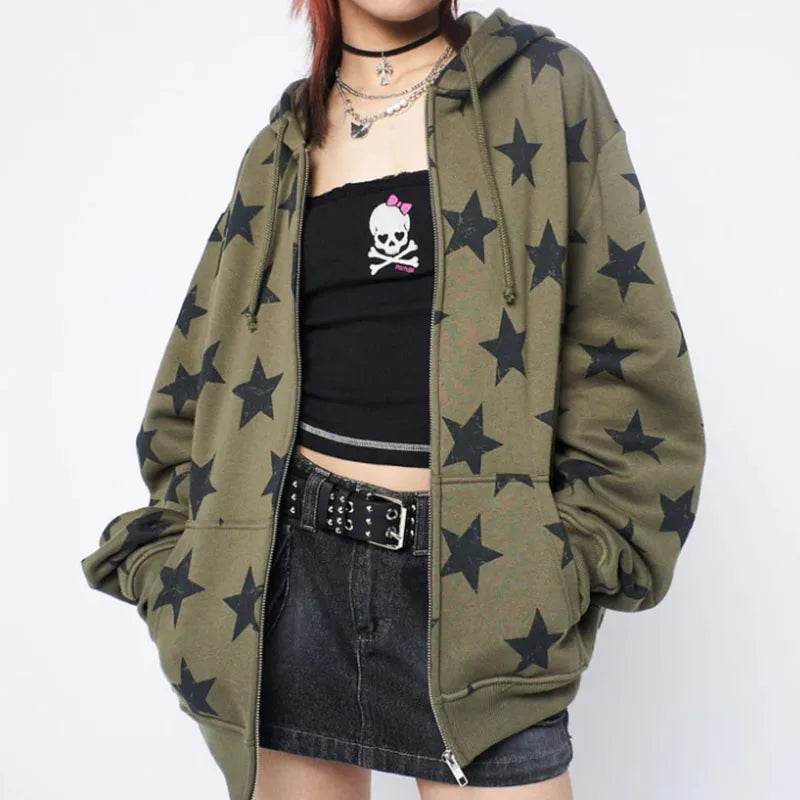 Y2K Yıldız Baskılı Oversize Kapüşonlu Sweatshirt