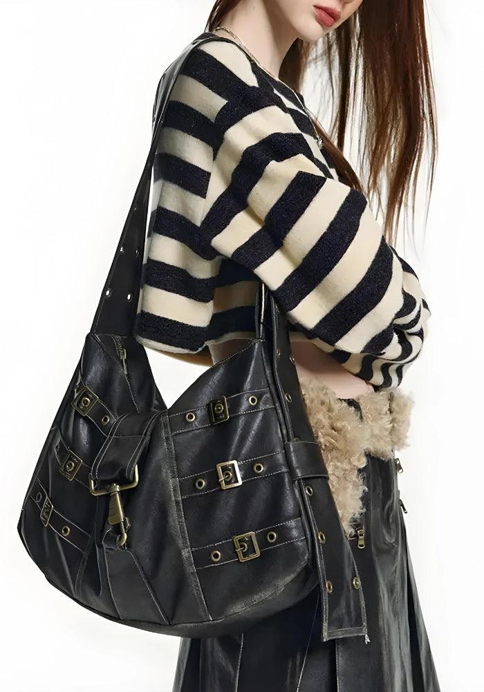 Y2K Grunge Faux Leather Belted Çanta
