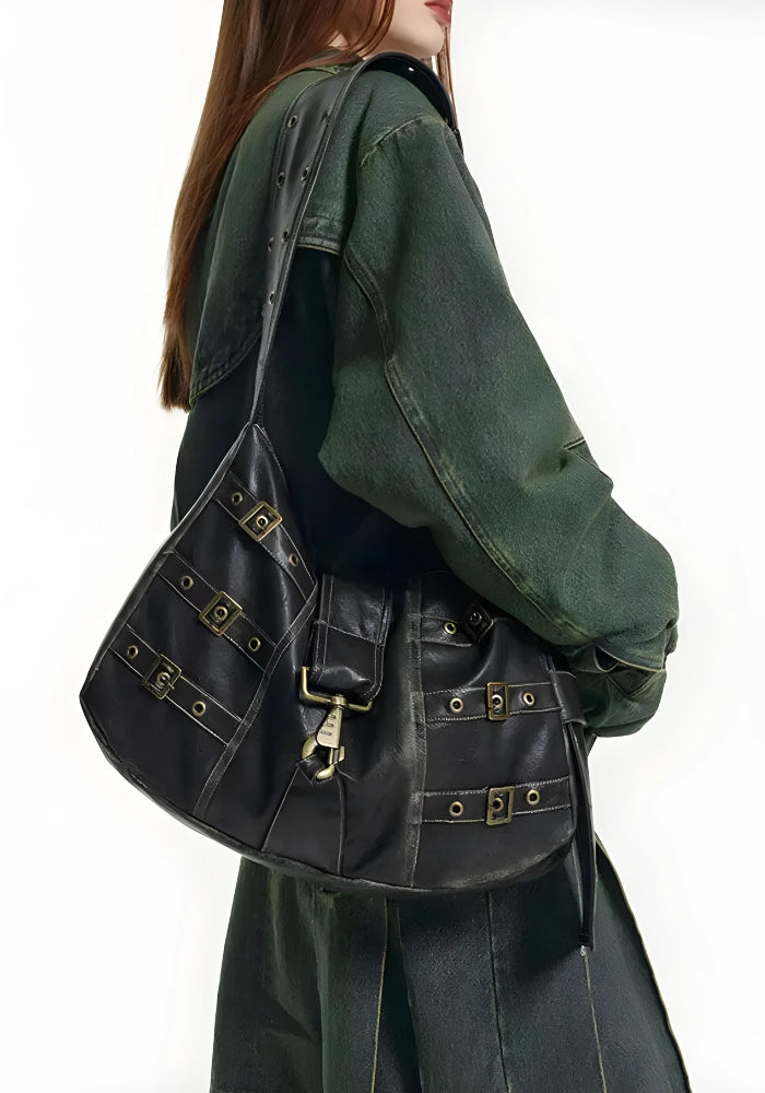 Y2K Grunge Faux Leather Belted Çanta