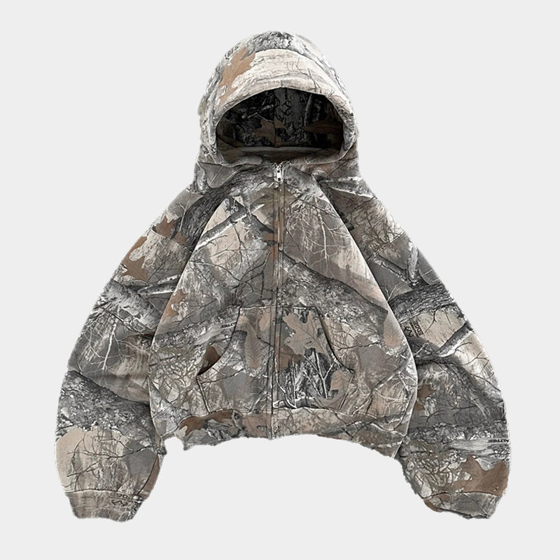 Kamuflaj Desenli Fermuarlı Kapüşonlu Sweatshirt