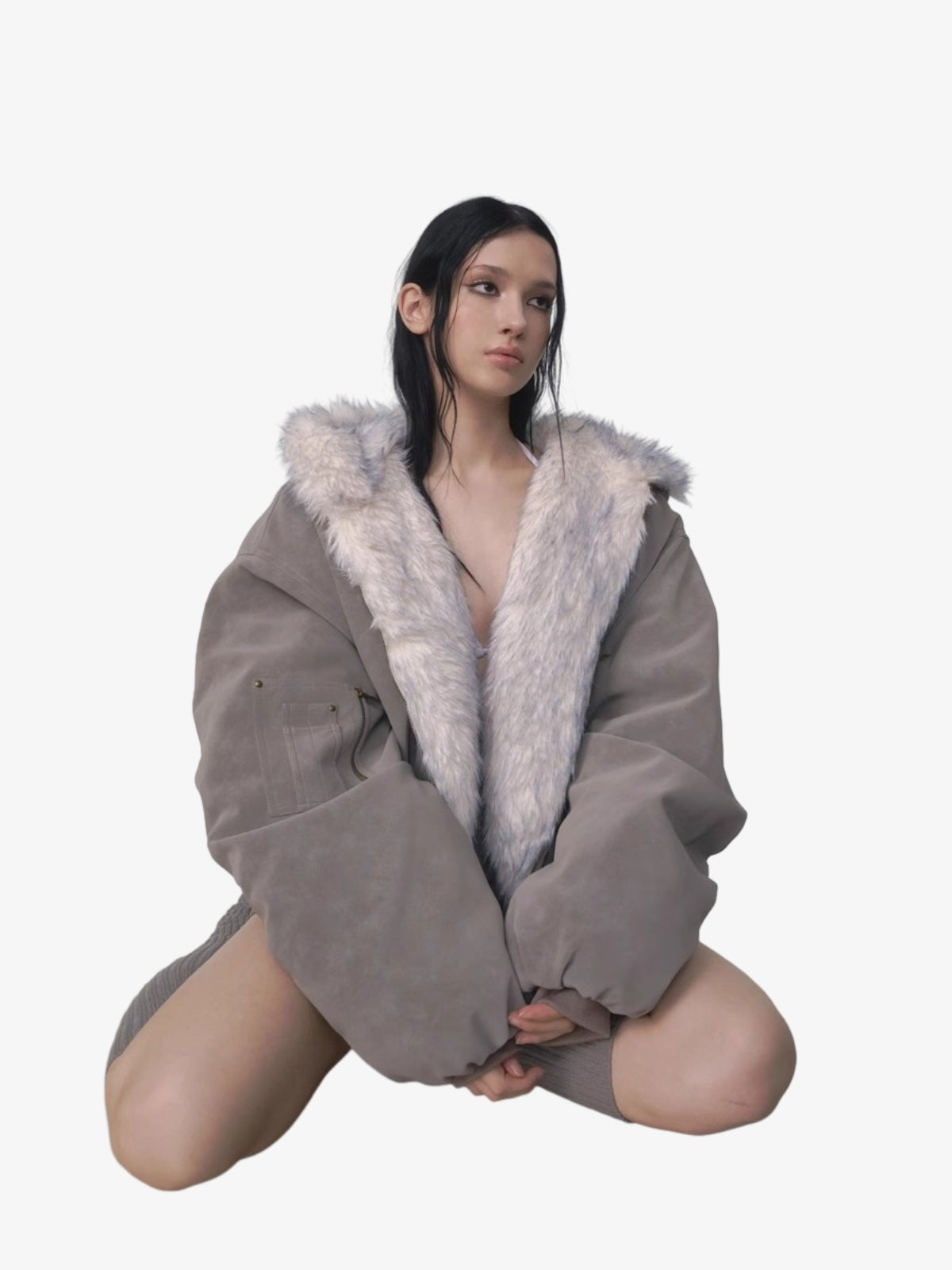 Oversize Çift Taraflı Peluş Hoodie Ceket