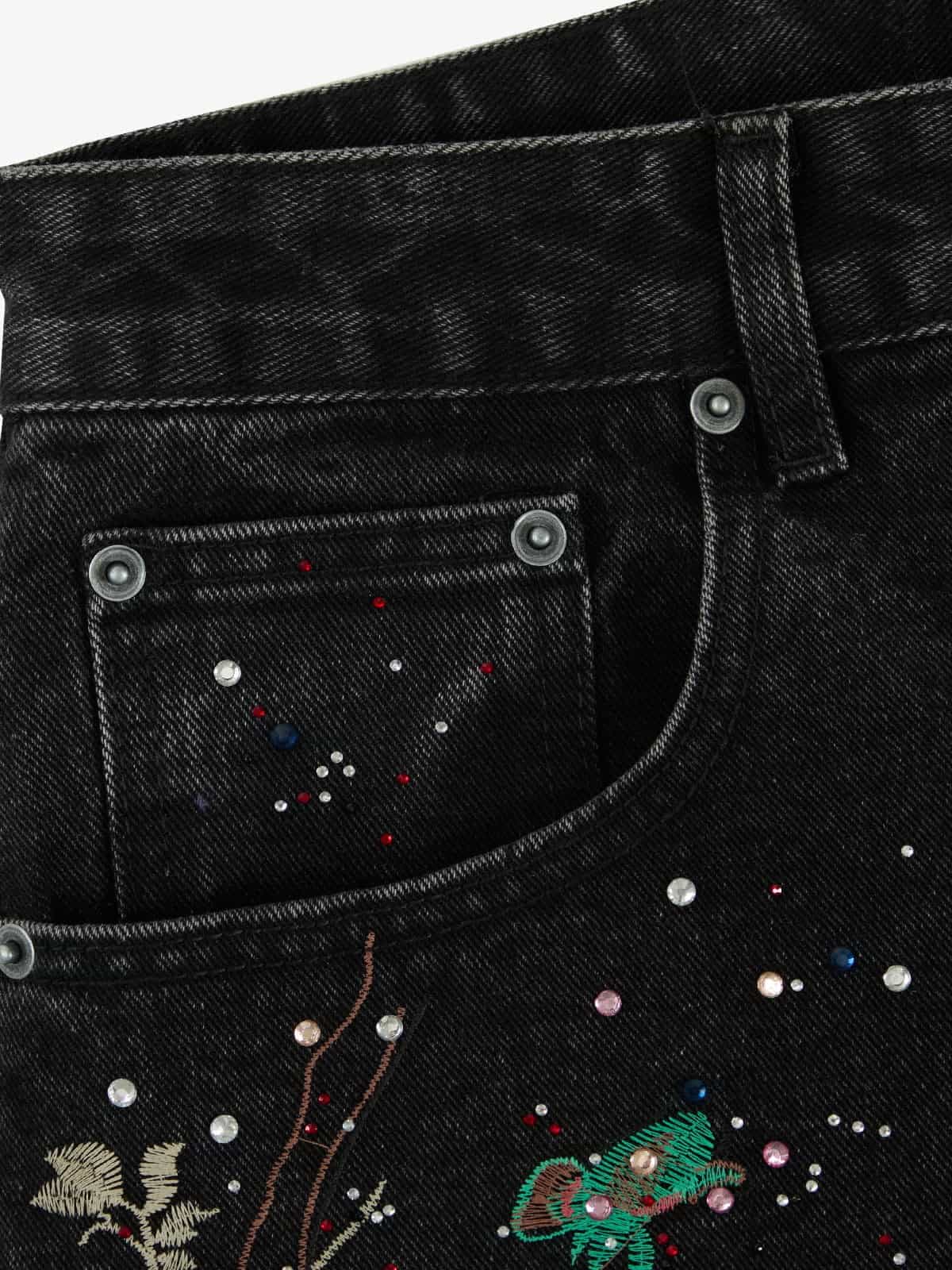 Vintage Düz Jean | Çiçek Nakışlı & Taşlı