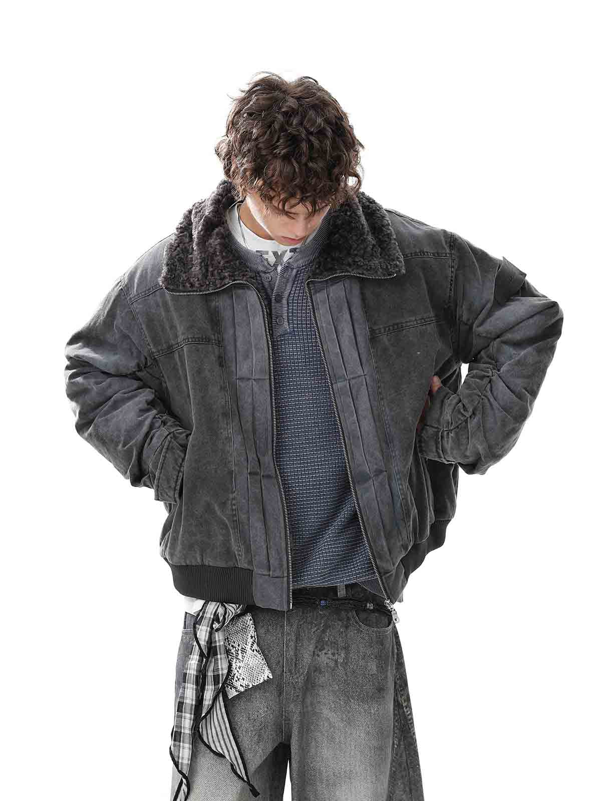 Vintage Distressed Pileli Shearling Mont | Yüksek Yaka