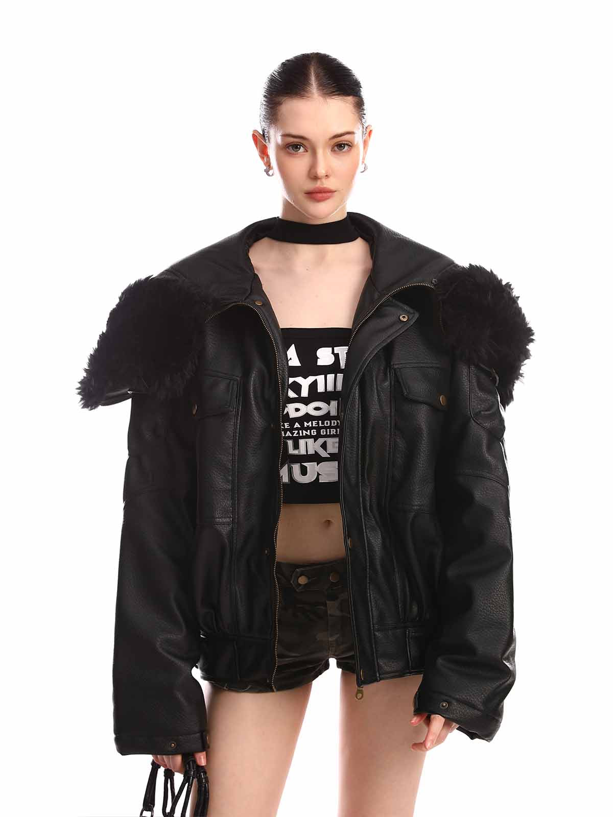 Çıkarılabilir Kürklü PU Bomber Ceket | Çok Cepli