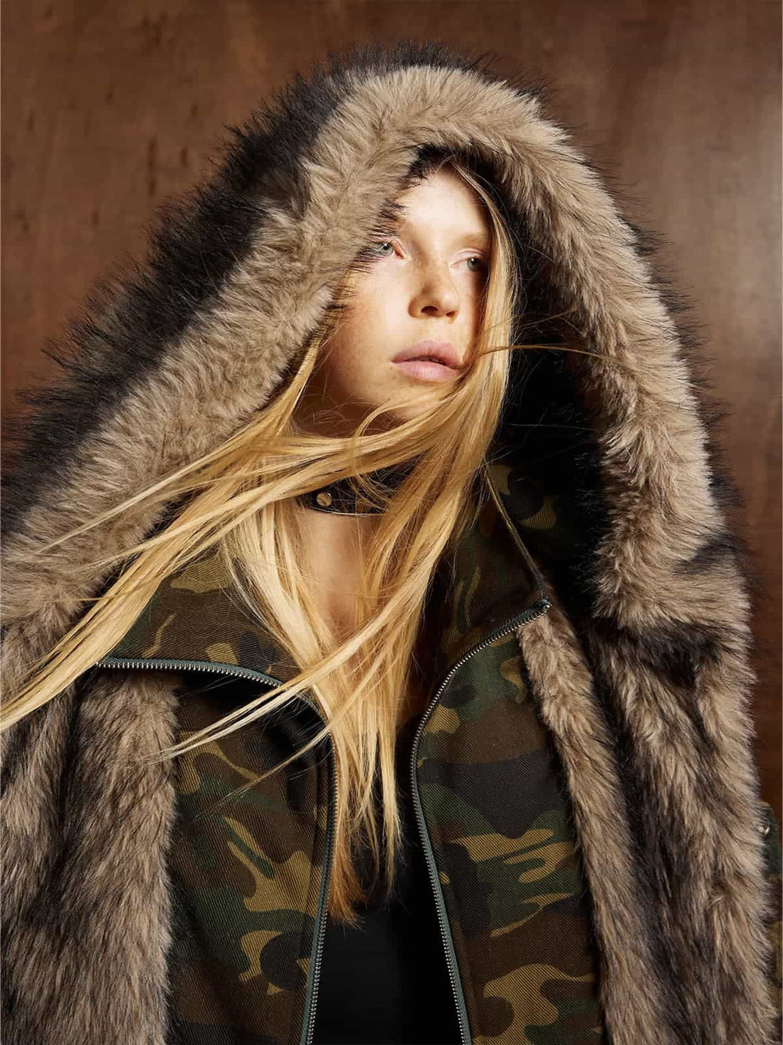 Vintage Kamuflaj Bomber | Kürklü Kapüşonlu