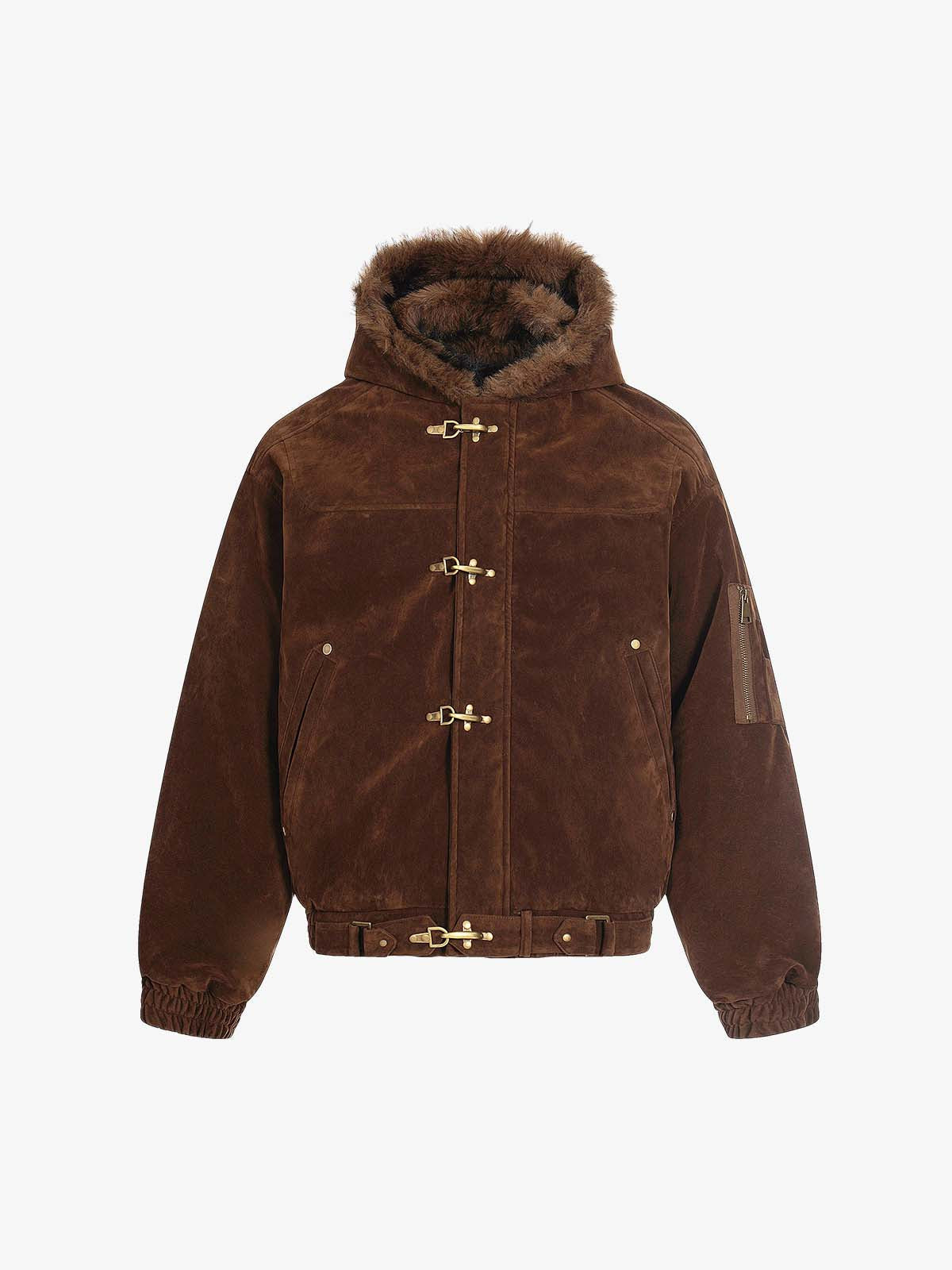 Metal Klipsli Süet Bomber Ceket | Kürklü Kapüşon