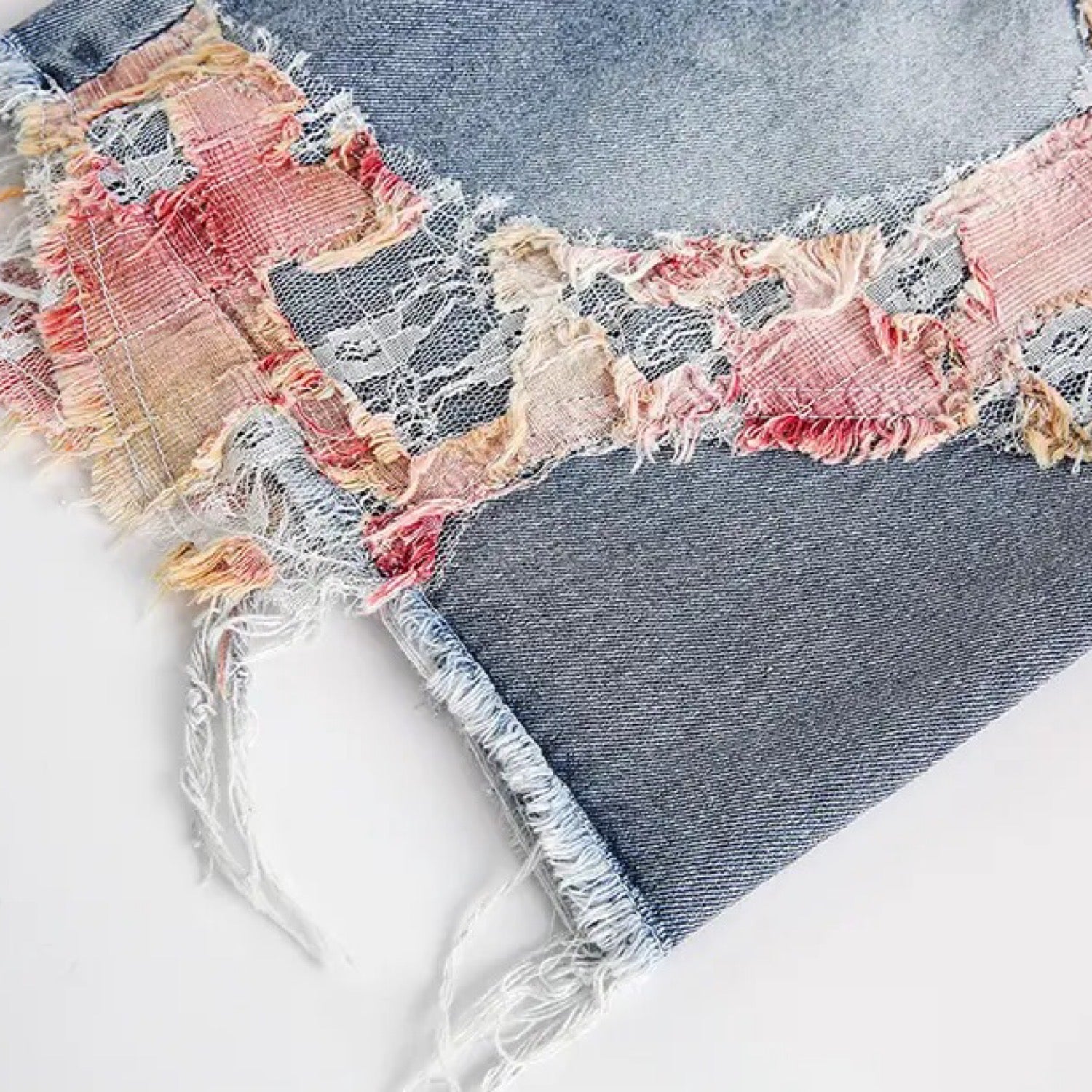 Lace Patchwork Denim Şort