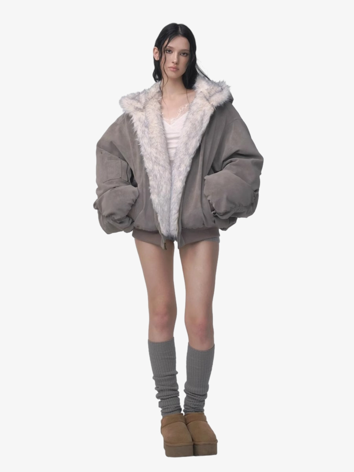 Oversize Çift Taraflı Peluş Hoodie Ceket