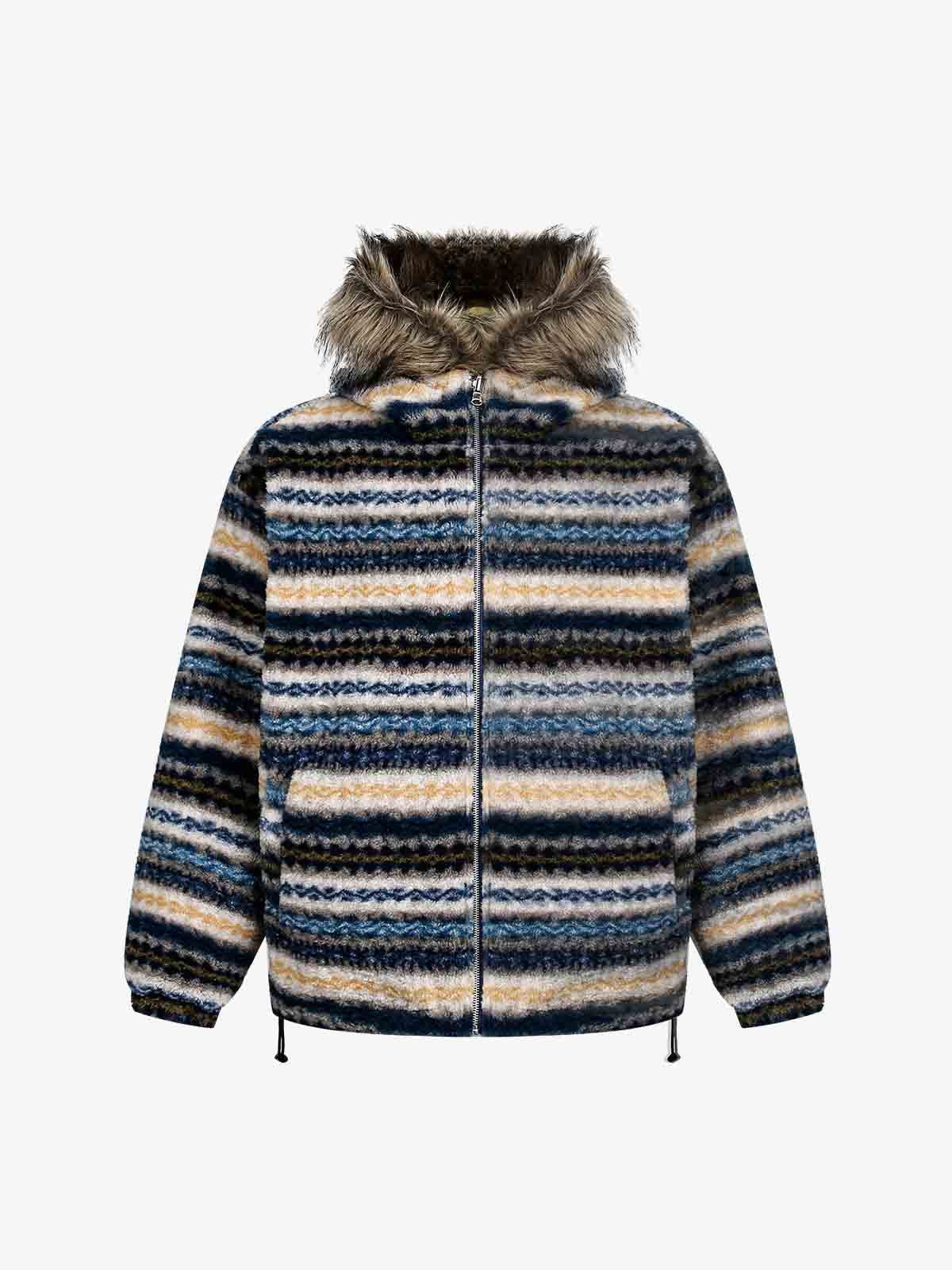 Çift Taraflı Retro Şeritli Suni Kürklü Yakalı Mont | Unisex Kışlık Shearling Ceket