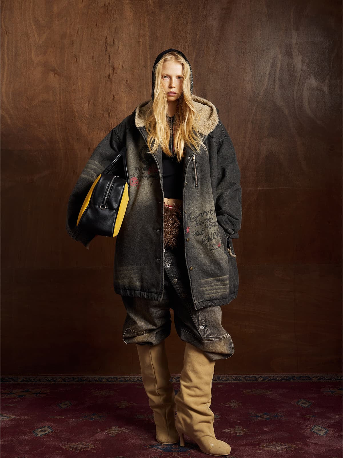 Graffiti Denim Ceket | Uzun Kesim & Kuzu Fleece
