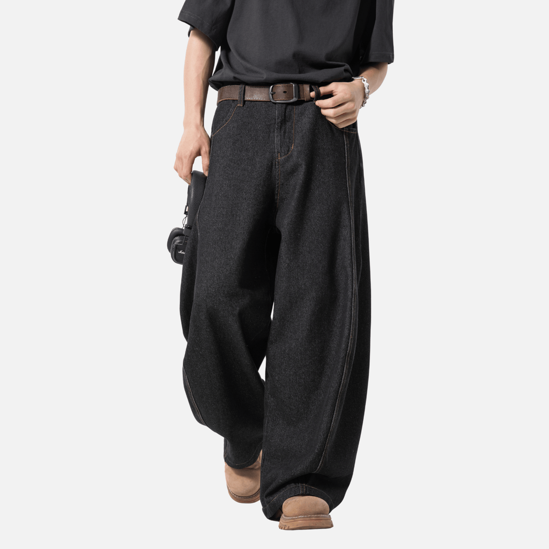 UrbanLaws Topstitch Slant Baggy Denim Pantolon