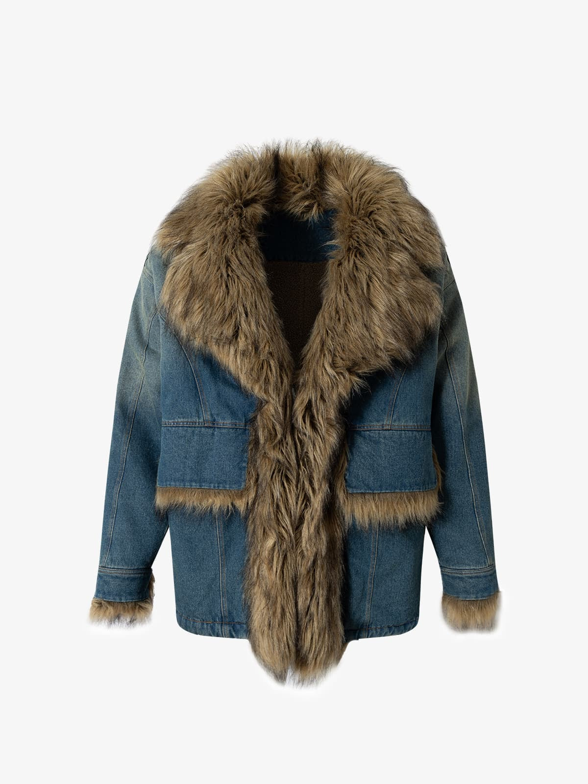 Retro Denim Ceket | Kürklü Patchwork & Yıkamalı