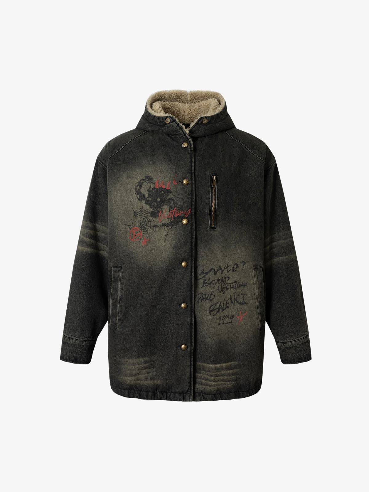 Graffiti Denim Ceket | Uzun Kesim & Kuzu Fleece