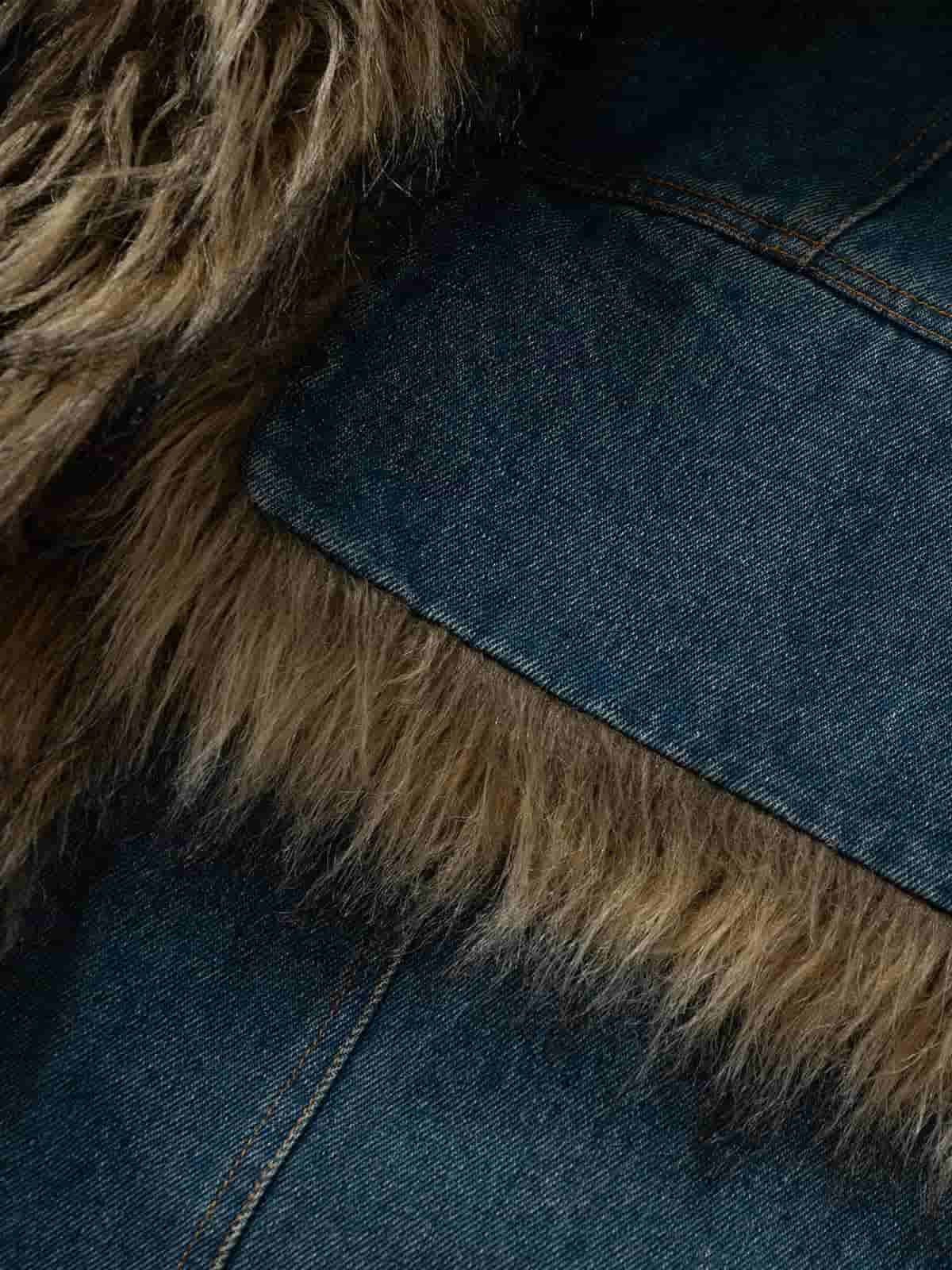 Retro Denim Ceket | Kürklü Patchwork & Yıkamalı