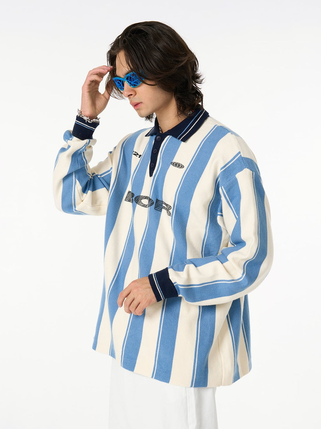 Çizgili Retro Polo Yaka Jersey Triko Kazak