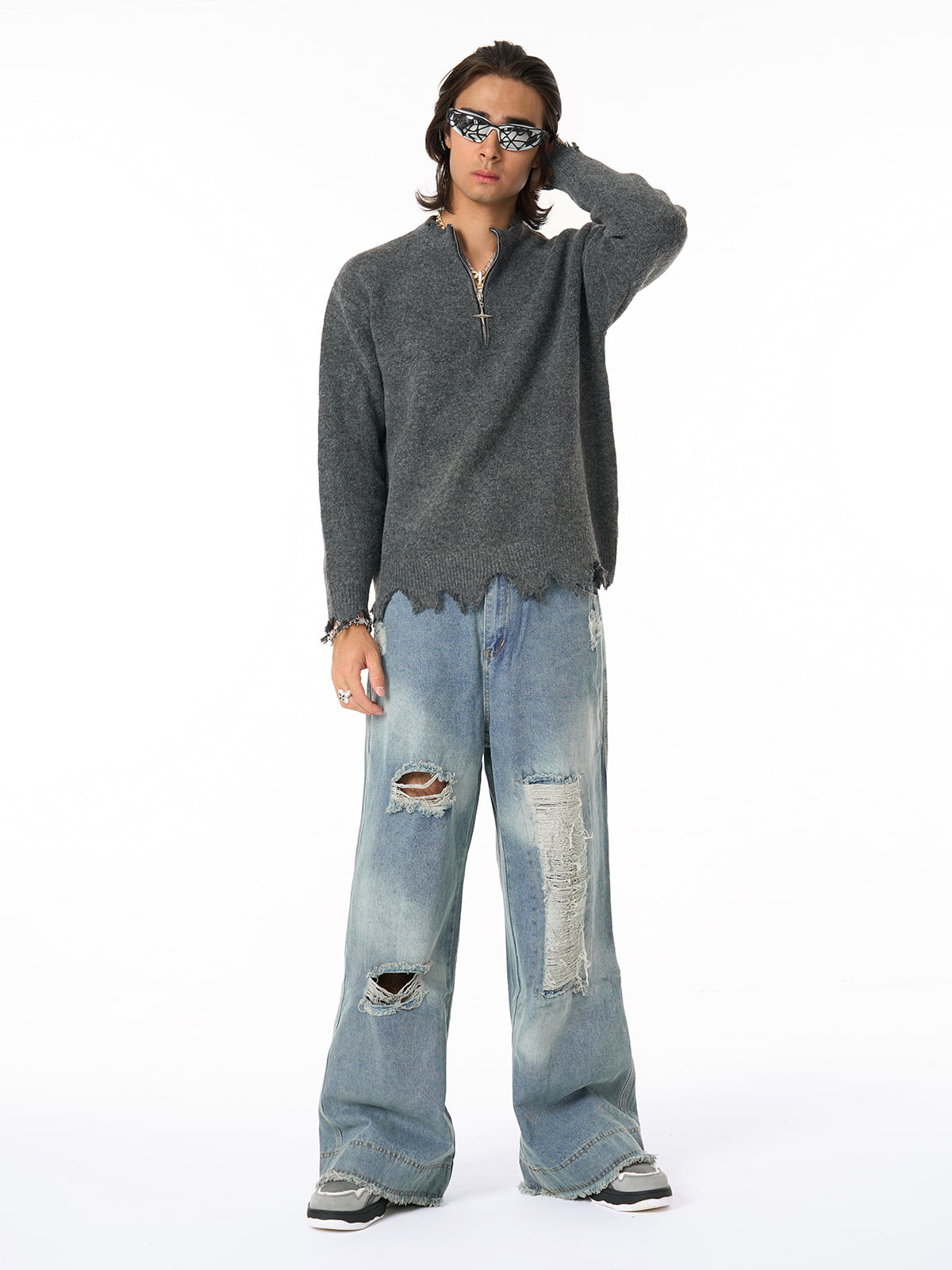 Distressed Quarter Zip Triko Kazak
