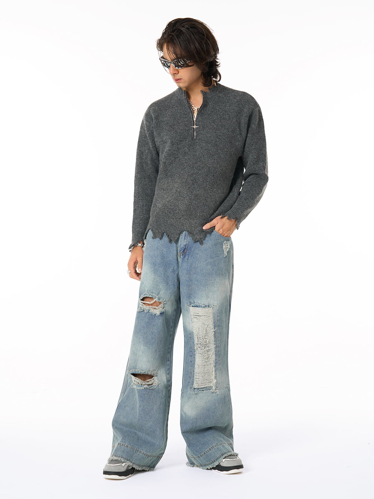 Distressed Quarter Zip Triko Kazak