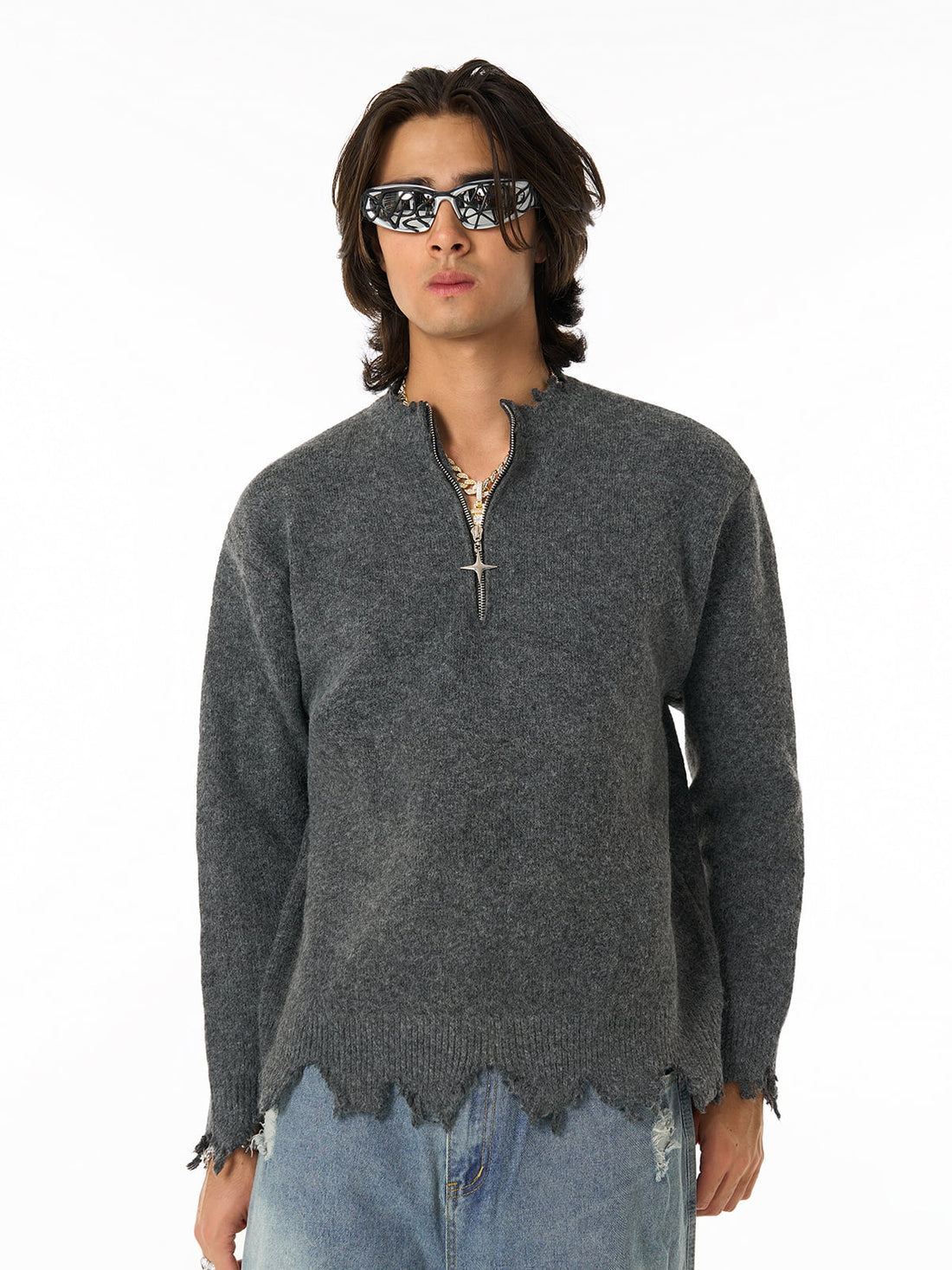 Distressed Quarter Zip Triko Kazak