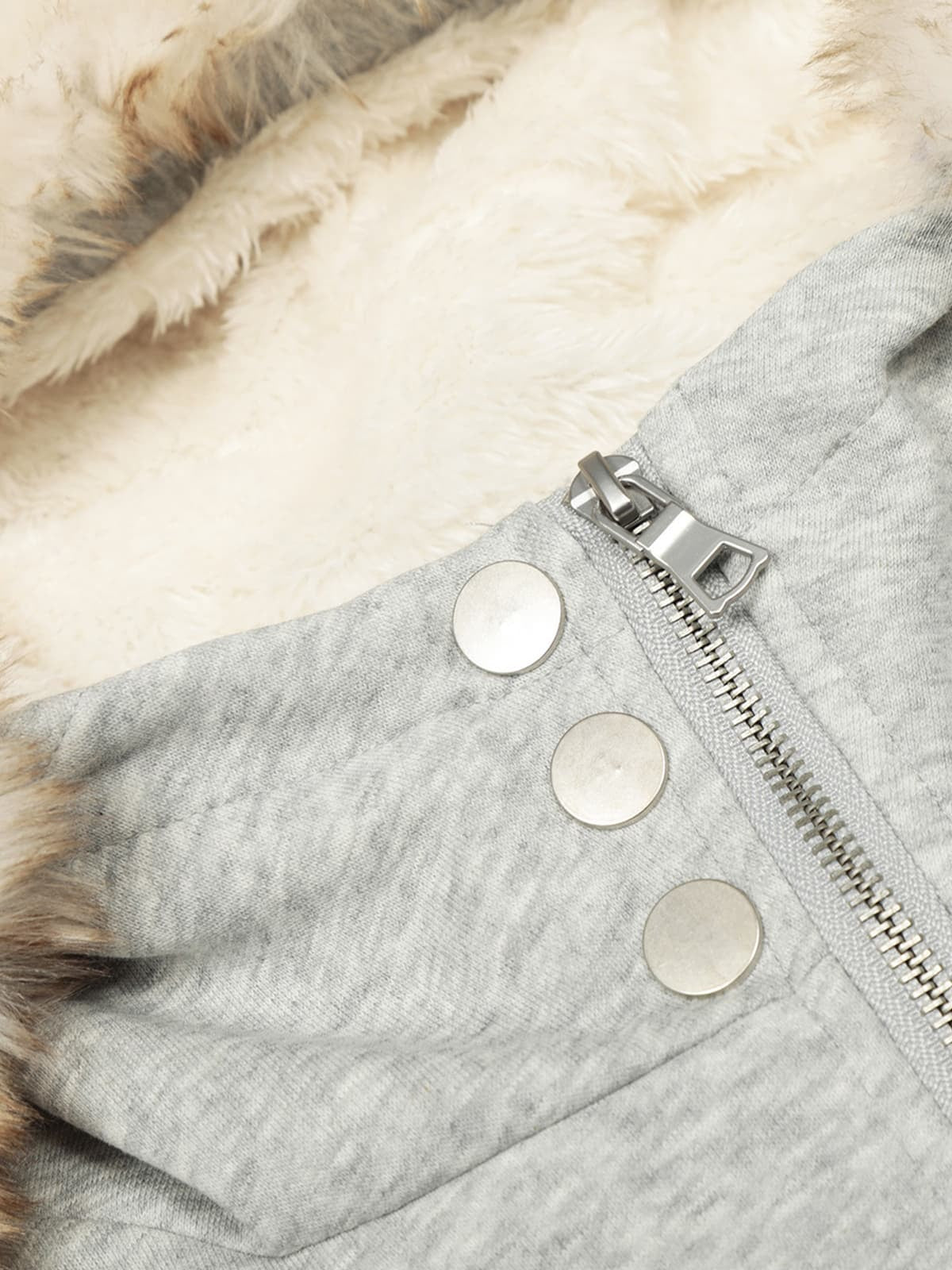Retro Kürklü Yaka Fleece Hoodie | Fermuarlı