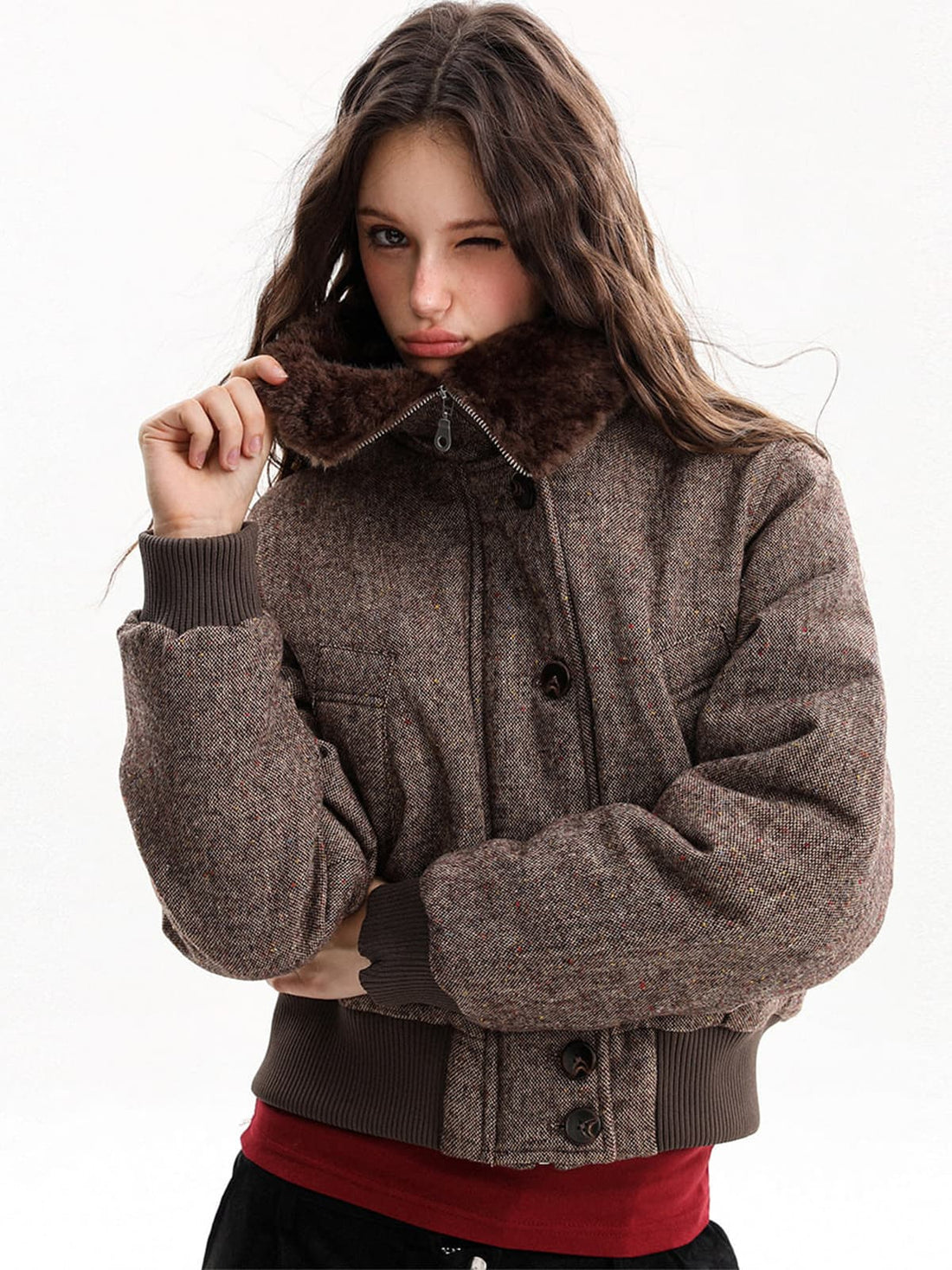 Retro Tweed Bomber | Kürklü Yaka Ceket
