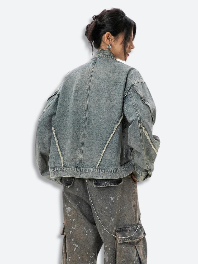 Cyberpunk Fermuarlı Denim Ceket