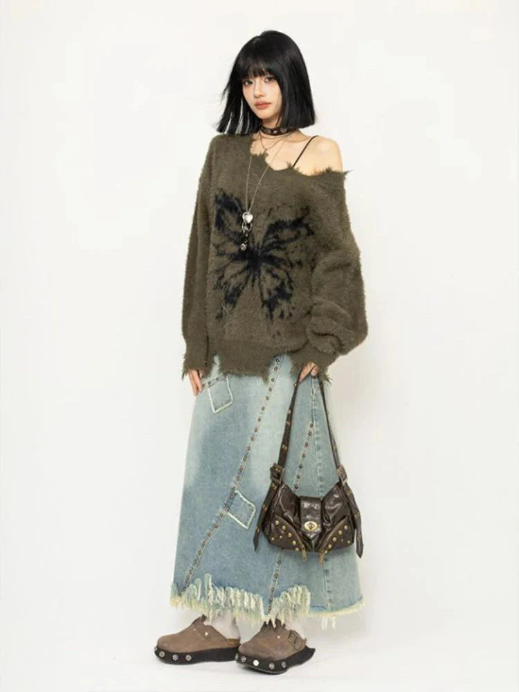 UrbanLaws Fairy Grunge Kelebek Desenli Peluş Kazak