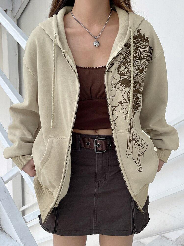 UrbanLaws Fairy Grunge Çiçek Desenli Fermuarlı Hoodie