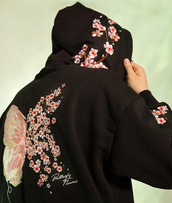 Sakura Kelebek İşlemeli Hoodie