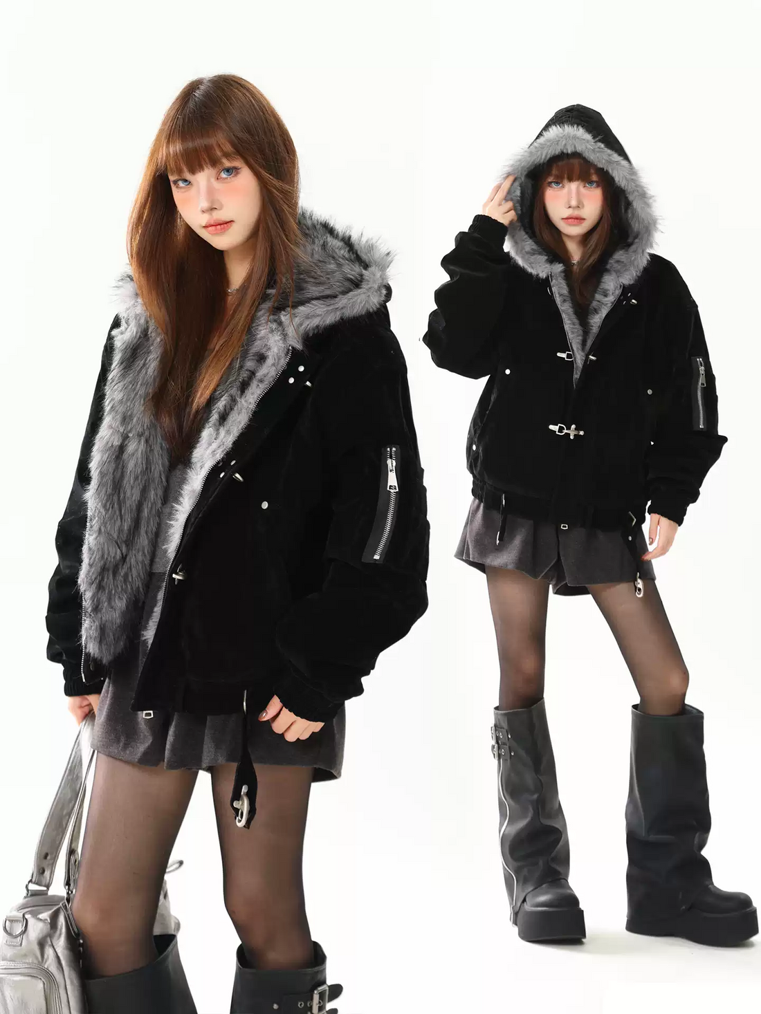 Metal Klipsli Süet Bomber Ceket | Kürklü Kapüşon