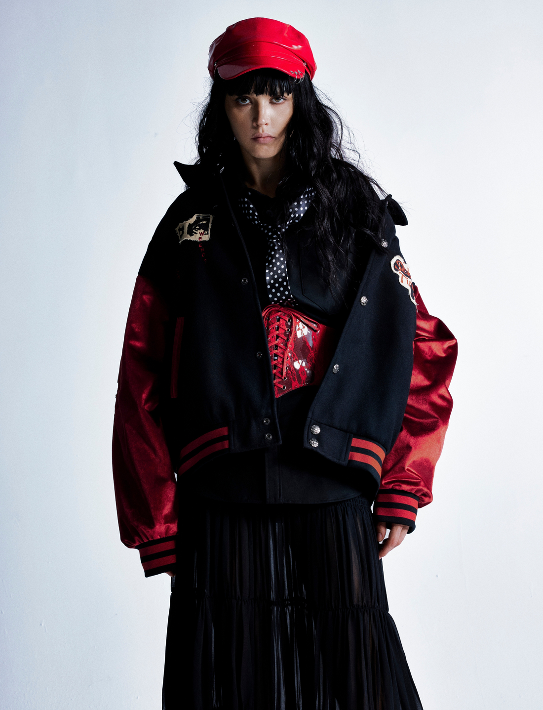 UrbanLaws Amerikan Vintage Kırmızı Siyah Color Block Bomber Ceket