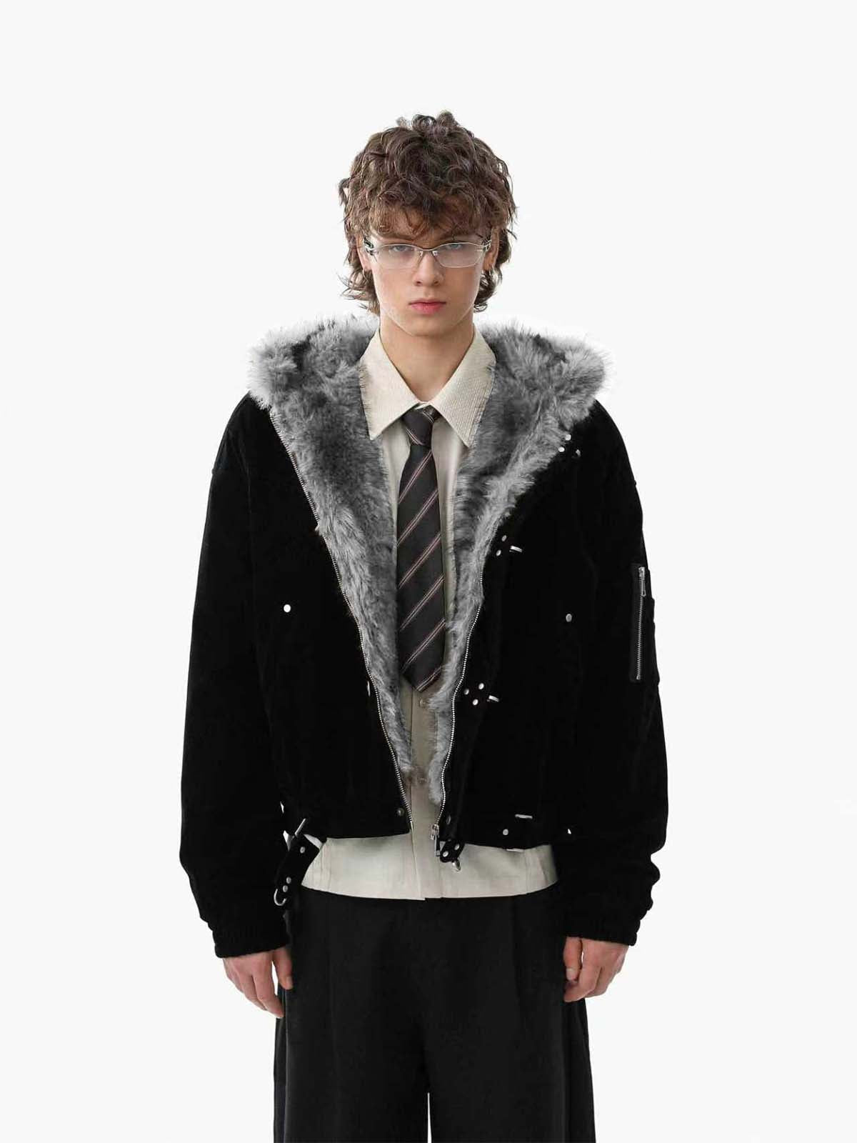 Metal Klipsli Süet Bomber Ceket | Kürklü Kapüşon