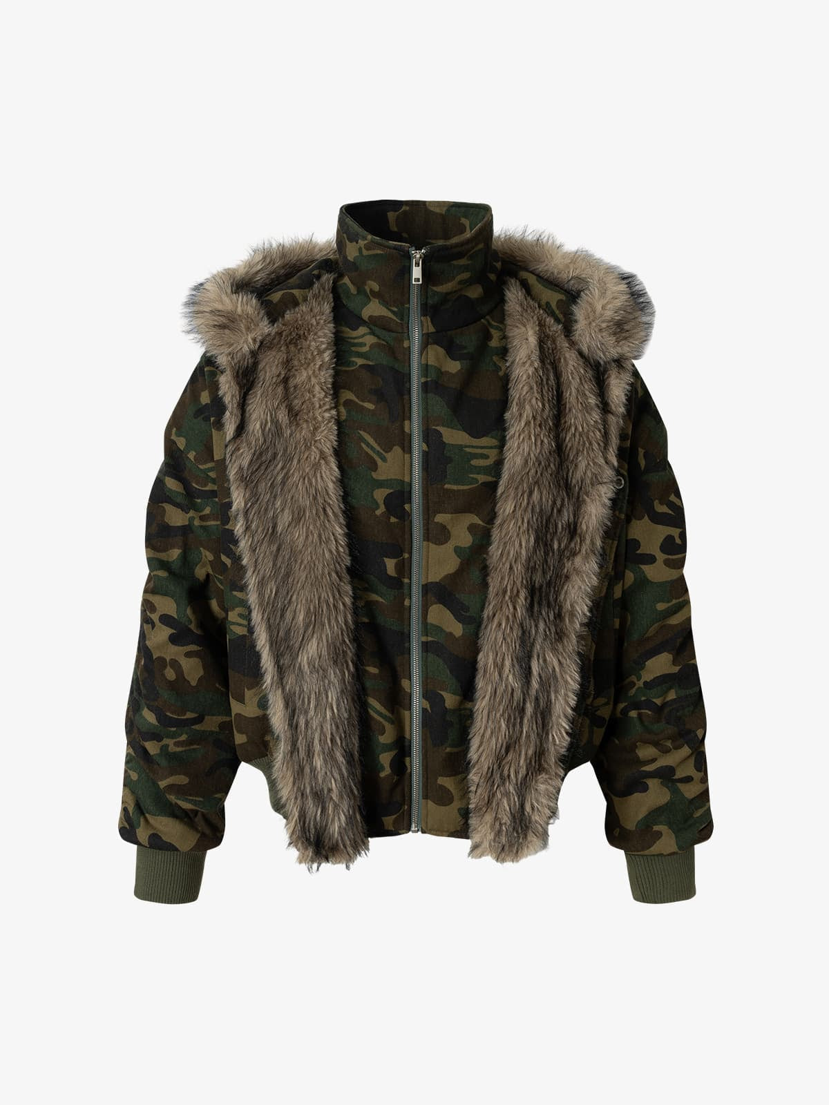 Vintage Kamuflaj Bomber | Kürklü Kapüşonlu