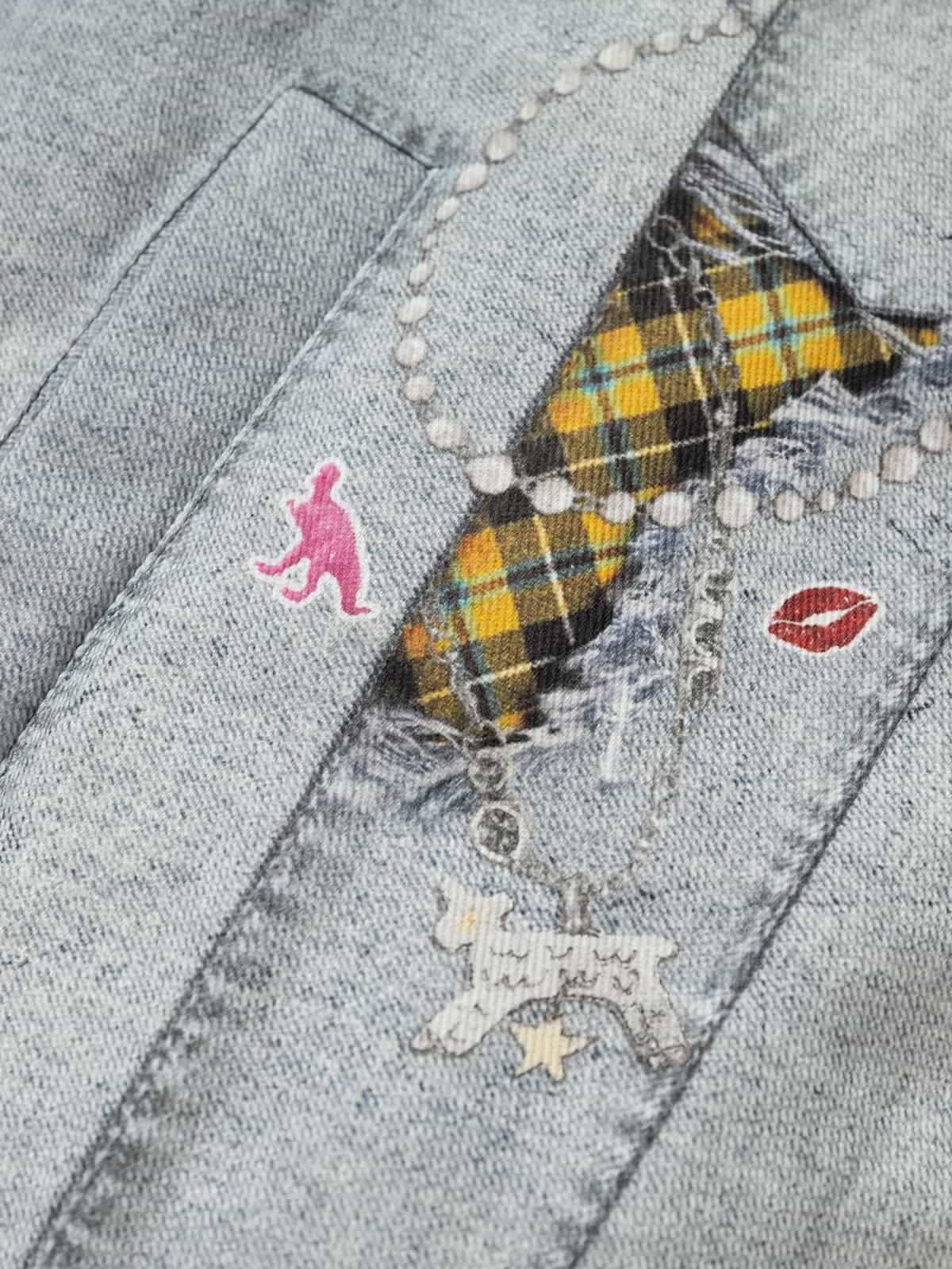 İllüzyon Denim Baskılı Ceket | Dik Yaka