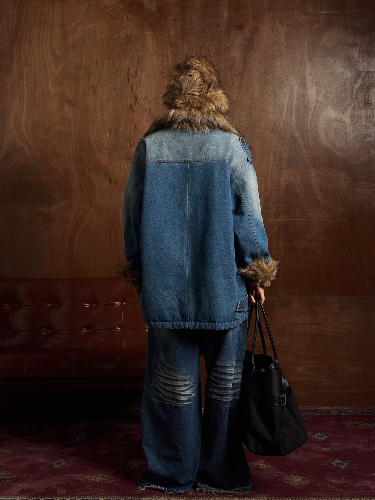 Retro Denim Ceket | Kürklü Patchwork & Yıkamalı