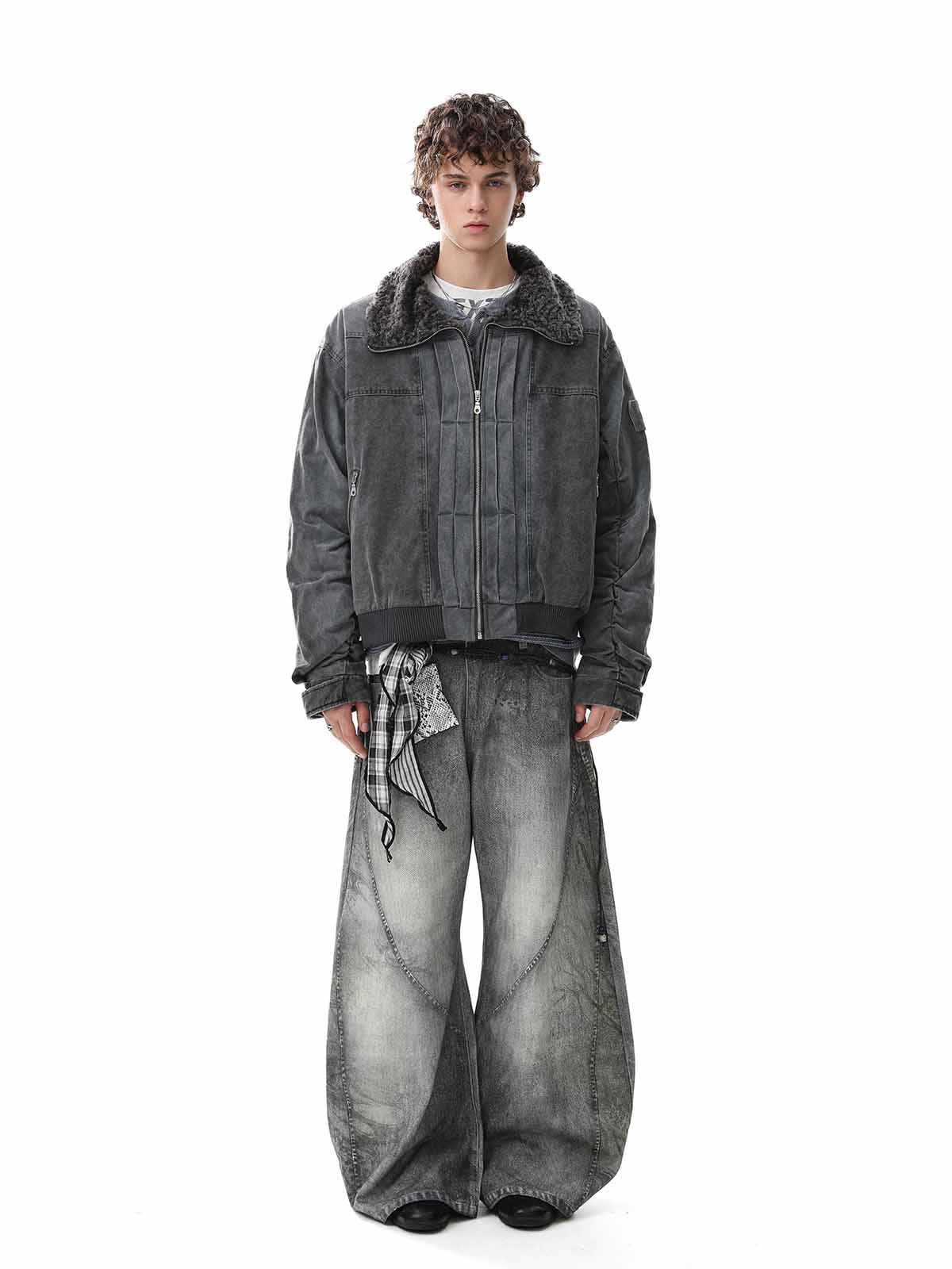 Vintage Distressed Pileli Shearling Mont | Yüksek Yaka