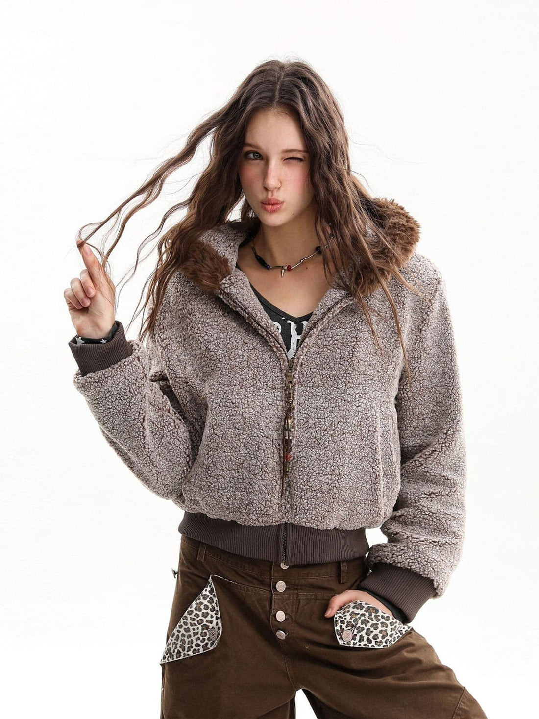 Vintage Shearling Kapüşonlu Bomber Ceket | Fleece
