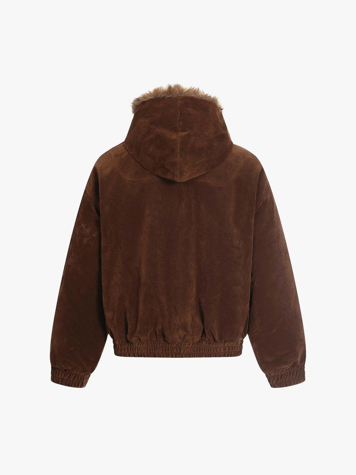 Metal Klipsli Süet Bomber Ceket | Kürklü Kapüşon