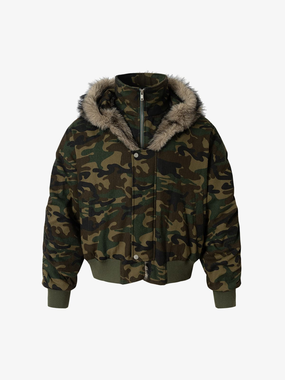 Vintage Kamuflaj Bomber | Kürklü Kapüşonlu