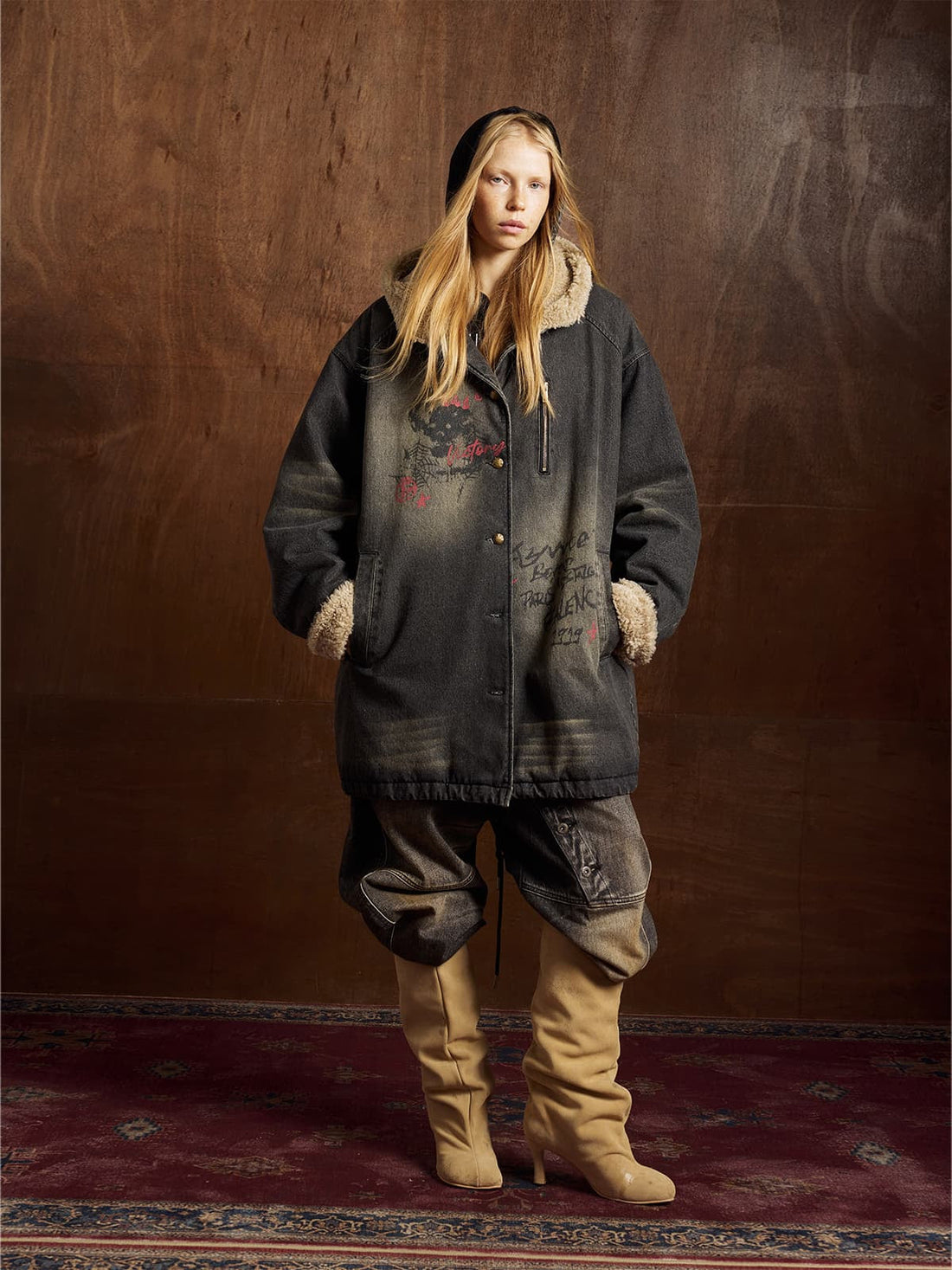 Graffiti Denim Ceket | Uzun Kesim & Kuzu Fleece