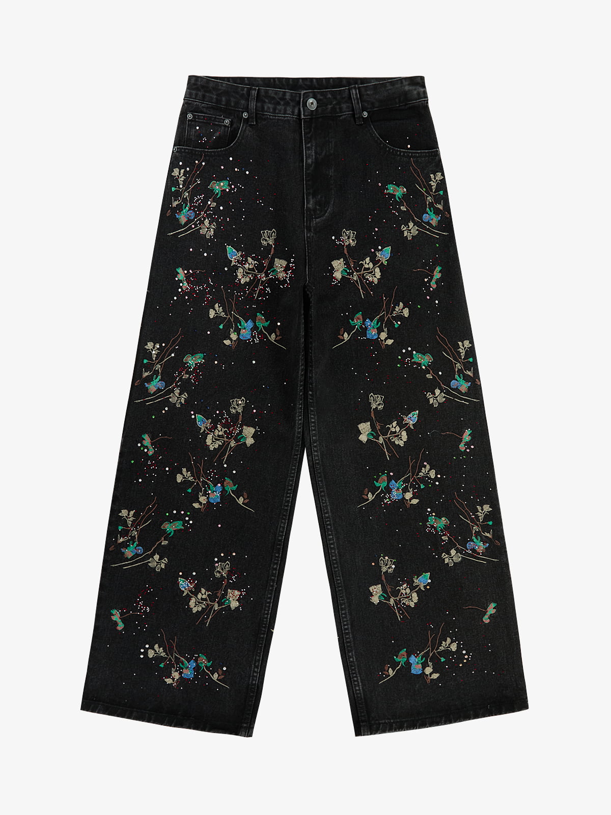 Vintage Düz Jean | Çiçek Nakışlı & Taşlı