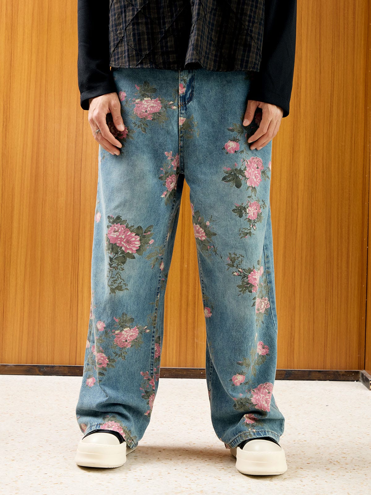 Retro Çiçek Baskılı Straight Jean
