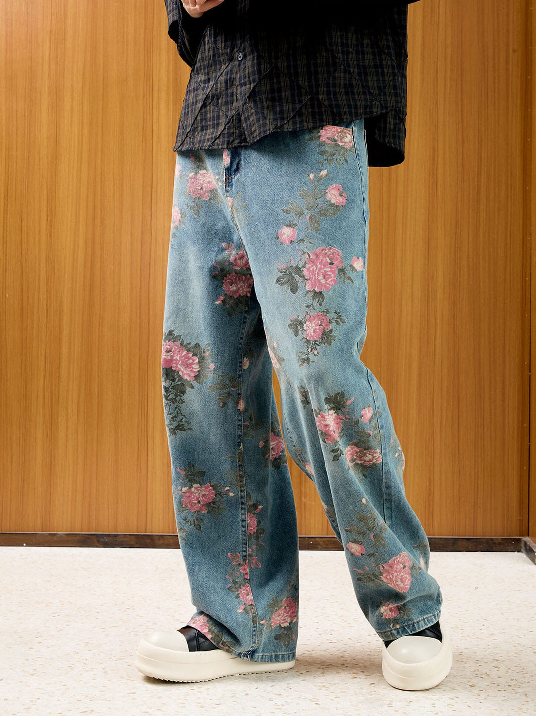Retro Çiçek Baskılı Straight Jean