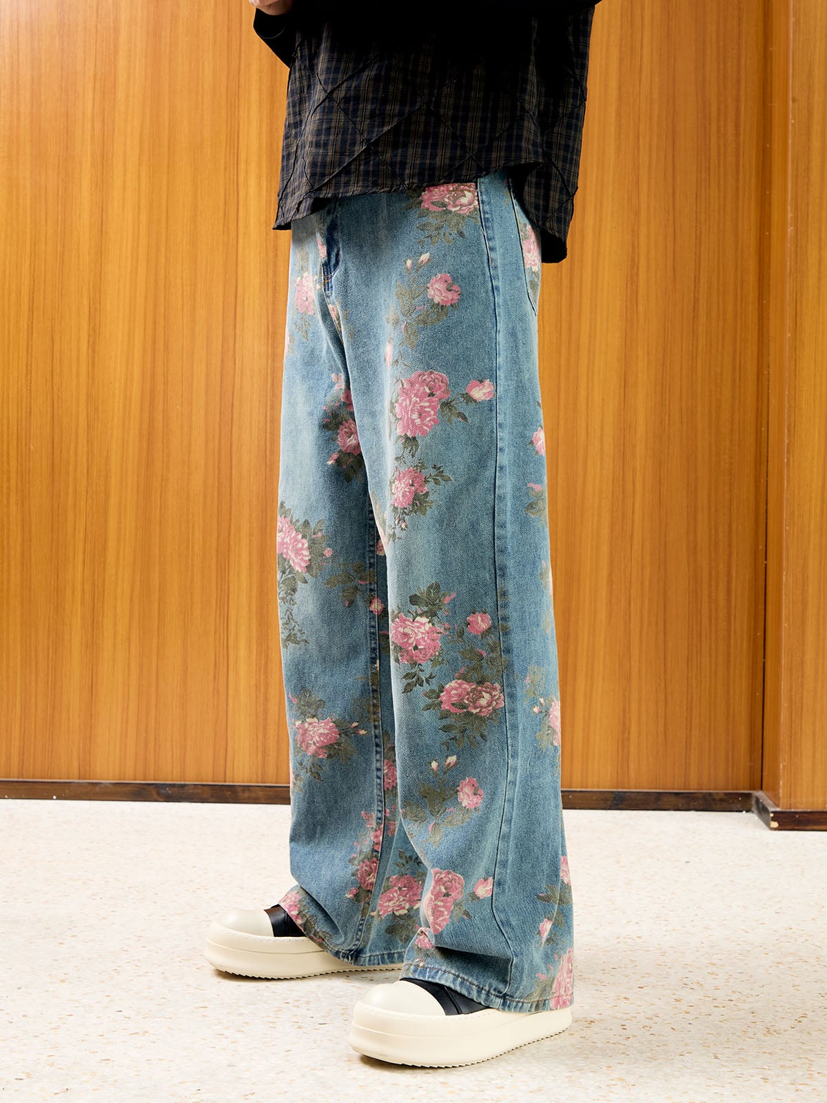 Retro Çiçek Baskılı Straight Jean